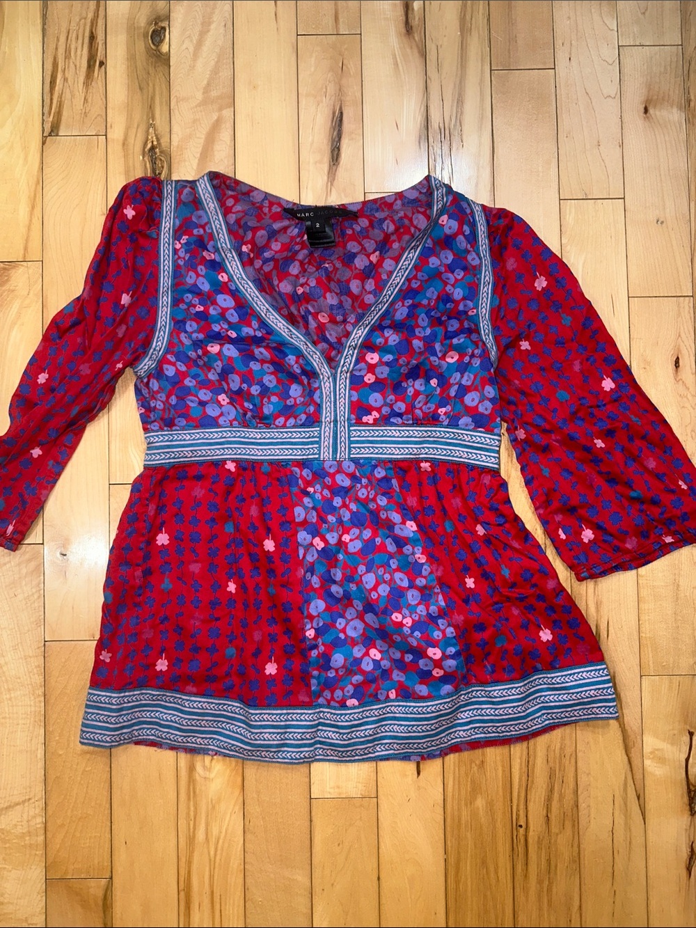 Marc Jacobs Red & Blue Printed V-Neck Tunic Top